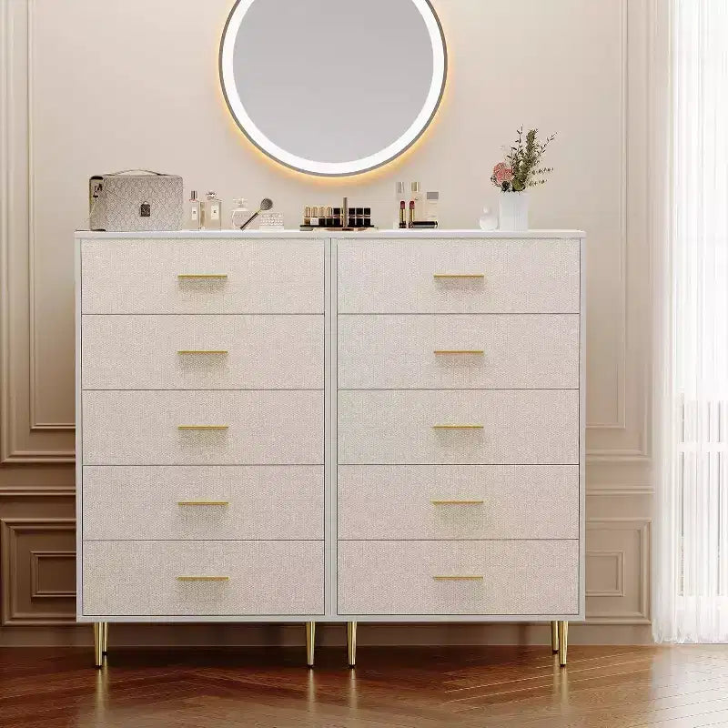 8 Drawer Dresser, White Dresser for Bedroom, Fabric Pattern Chest of Drawer with Gold Metal Handles and Legs for Living Room, Hallway