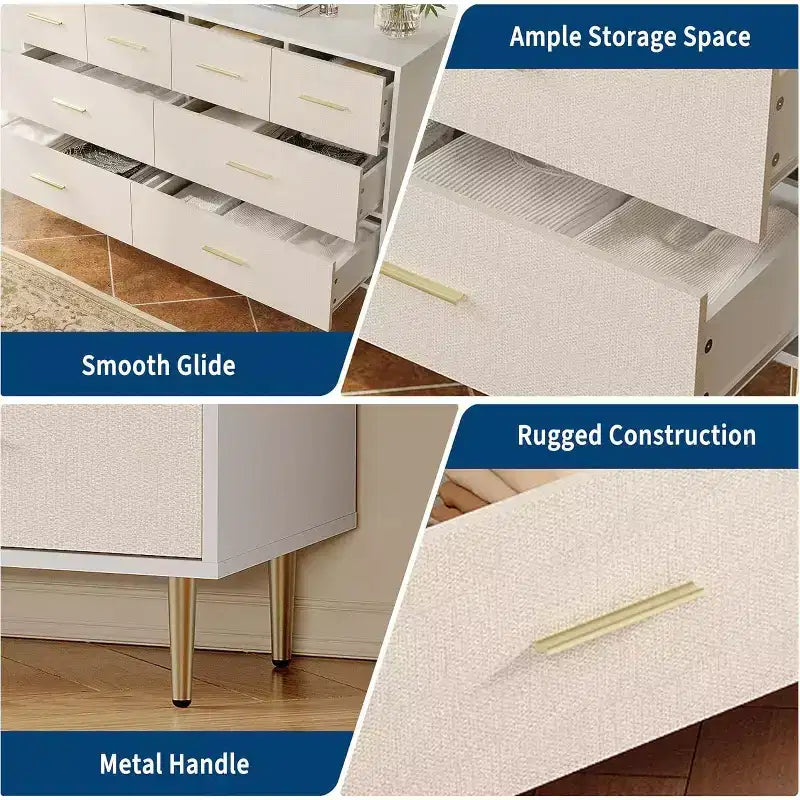 8 Drawer Dresser, White Dresser for Bedroom, Fabric Pattern Chest of Drawer with Gold Metal Handles and Legs for Living Room, Hallway