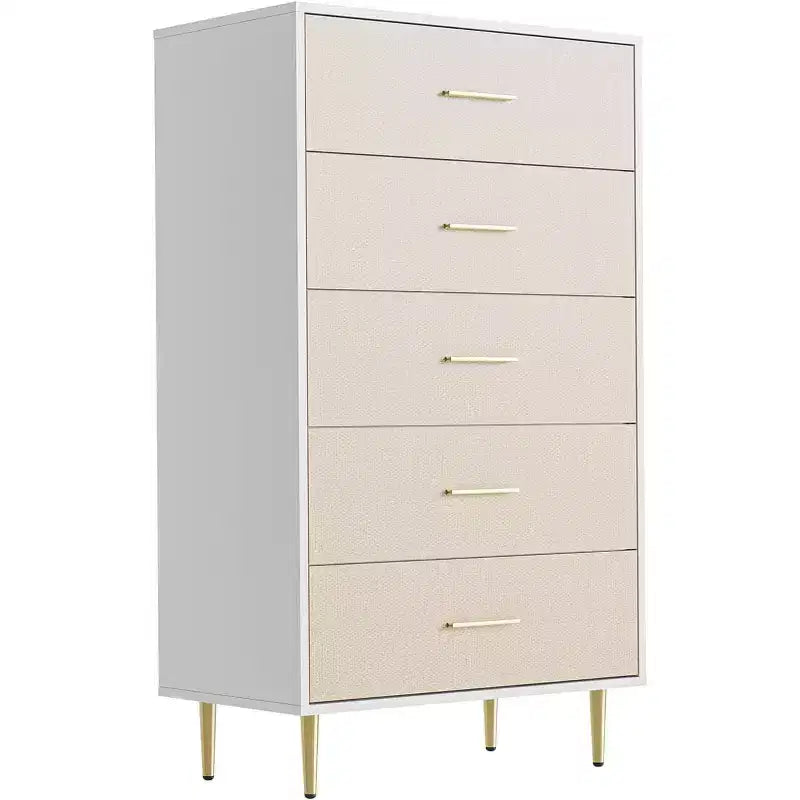 8 Drawer Dresser, White Dresser for Bedroom, Fabric Pattern Chest of Drawer with Gold Metal Handles and Legs for Living Room, Hallway