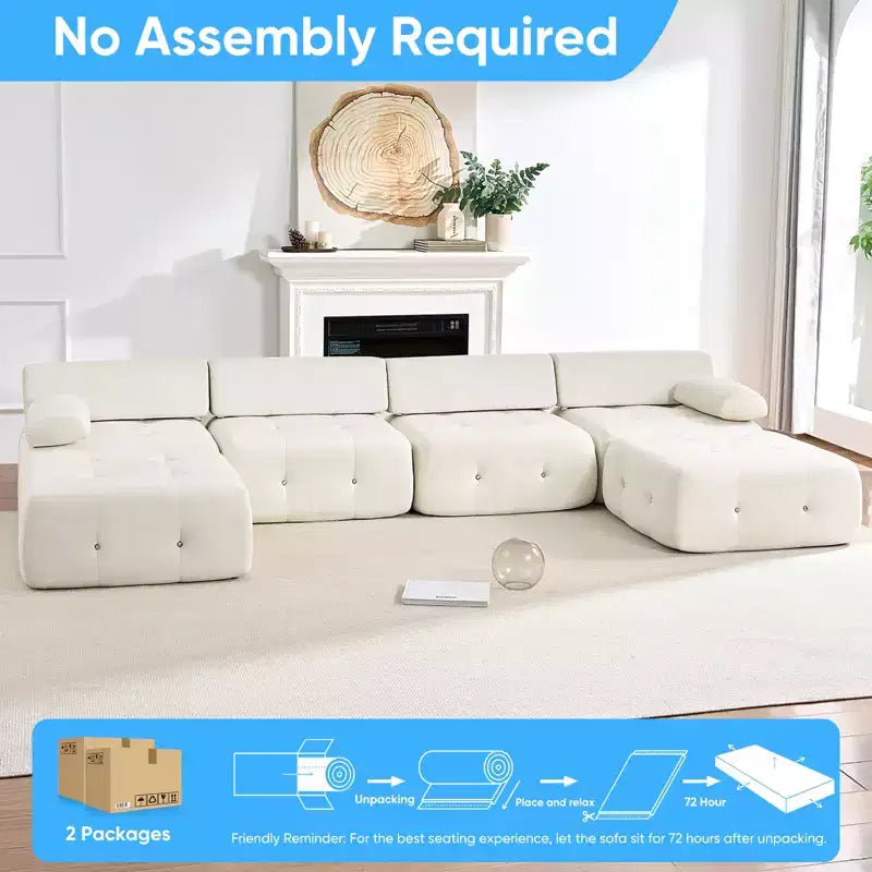 U-Shaped Velvet Modular Sectional Sofa with Ottoman – 4-Seater Convertible