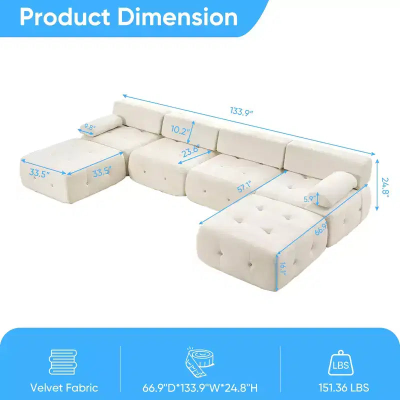 U-Shaped Velvet Modular Sectional Sofa with Ottoman – 4-Seater Convertible