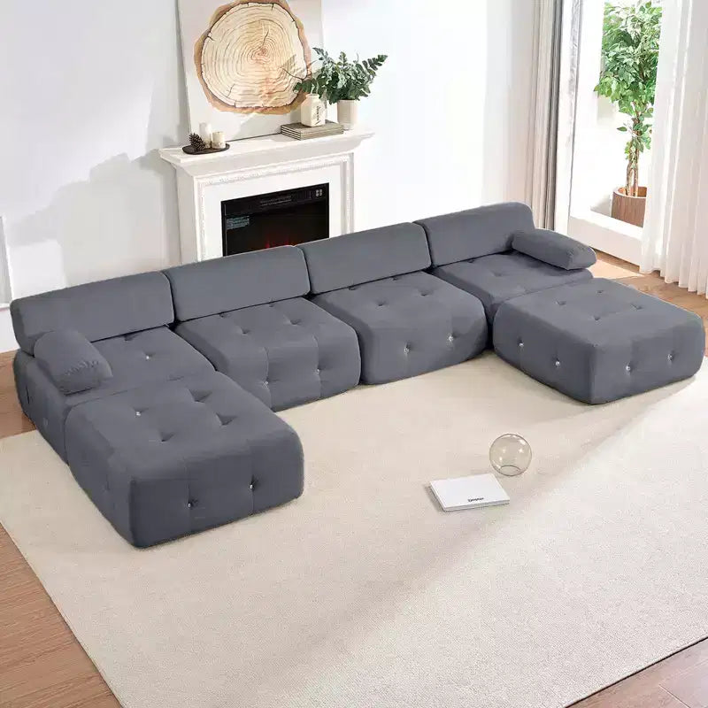 U-Shaped Velvet Modular Sectional Sofa with Ottoman – 4-Seater Convertible