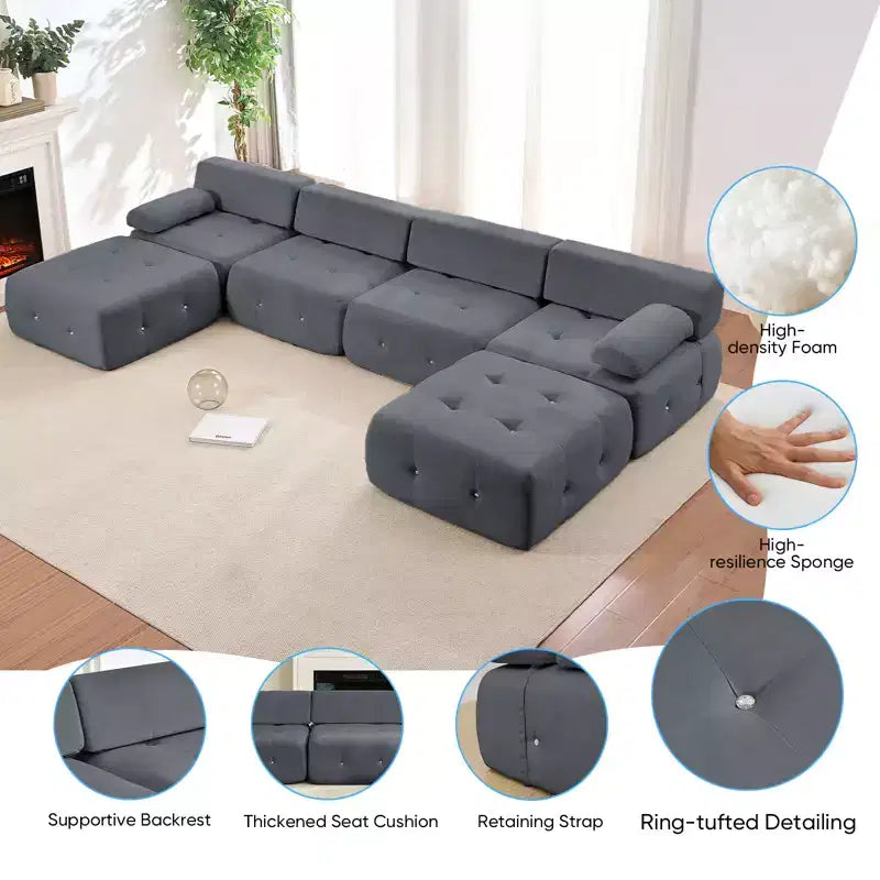 U-Shaped Velvet Modular Sectional Sofa with Ottoman – 4-Seater Convertible