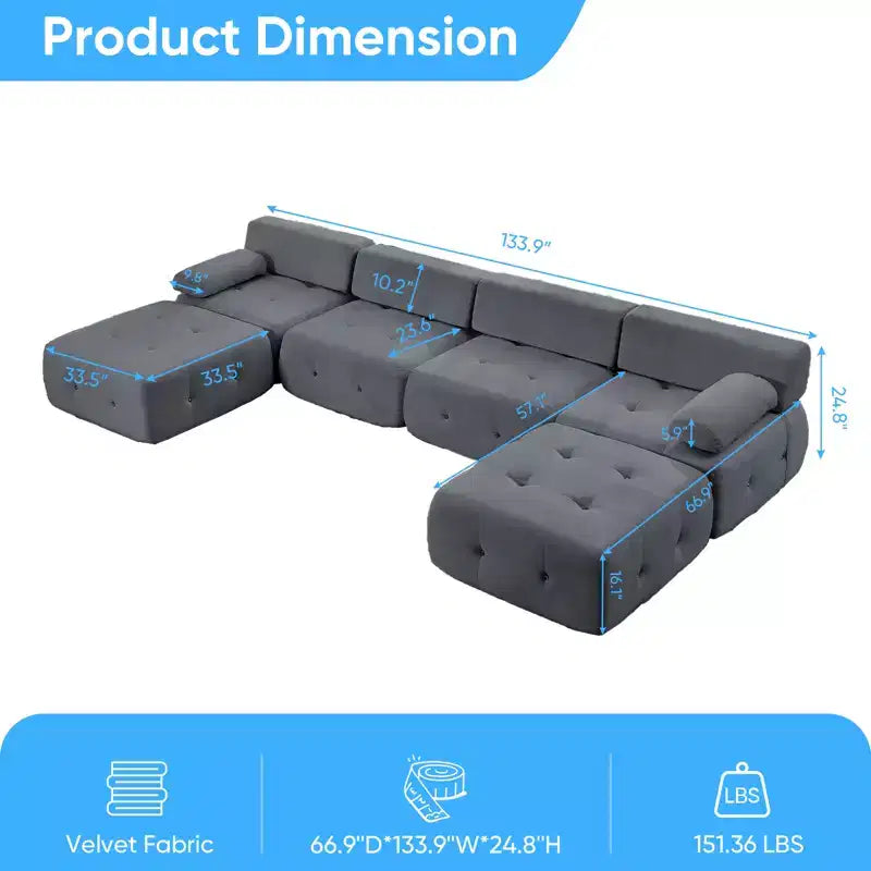 U-Shaped Velvet Modular Sectional Sofa with Ottoman – 4-Seater Convertible