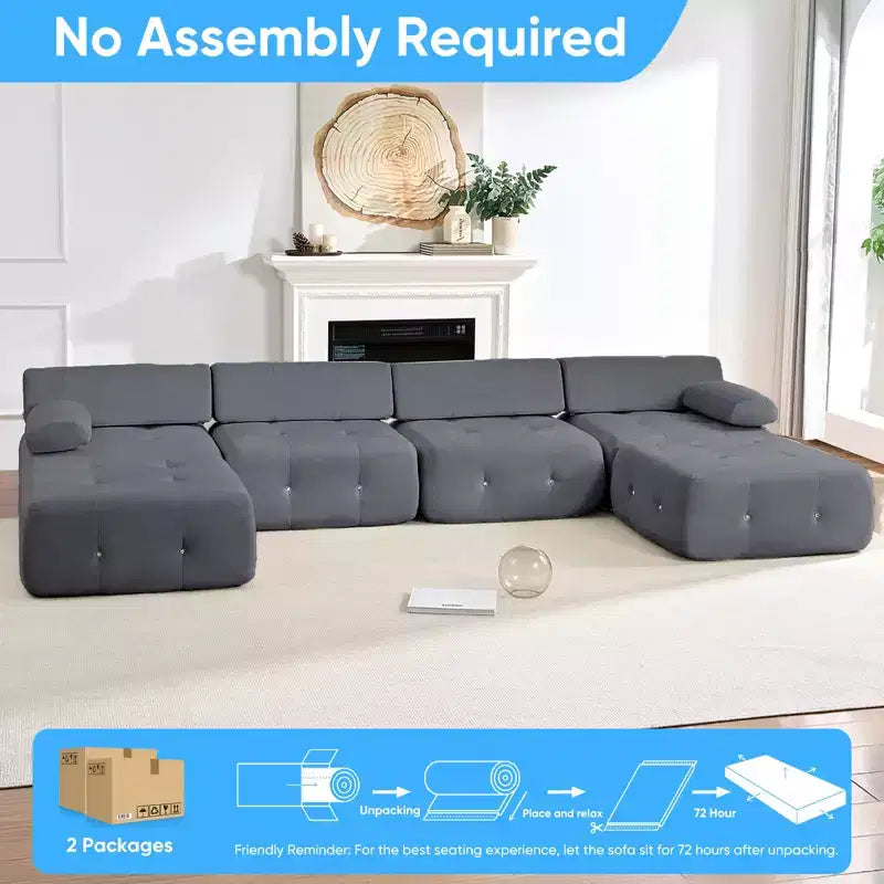 U-Shaped Velvet Modular Sectional Sofa with Ottoman – 4-Seater Convertible