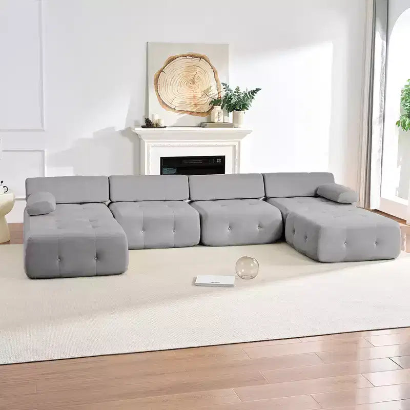 U-Shaped Velvet Modular Sectional Sofa with Ottoman – 4-Seater Convertible