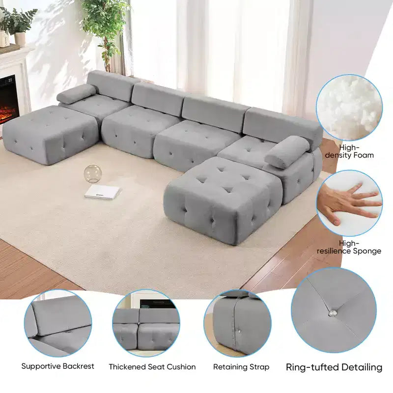 U-Shaped Velvet Modular Sectional Sofa with Ottoman – 4-Seater Convertible