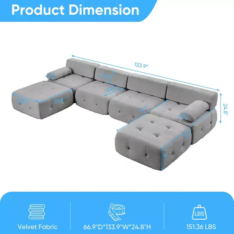 U-Shaped Velvet Modular Sectional Sofa with Ottoman – 4-Seater Convertible