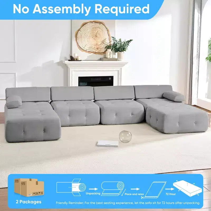 U-Shaped Velvet Modular Sectional Sofa with Ottoman – 4-Seater Convertible