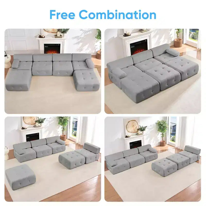 U-Shaped Velvet Modular Sectional Sofa with Ottoman – 4-Seater Convertible