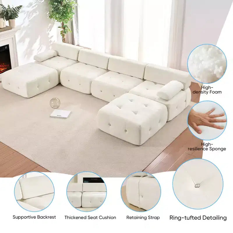 U-Shaped Velvet Modular Sectional Sofa with Ottoman – 4-Seater Convertible