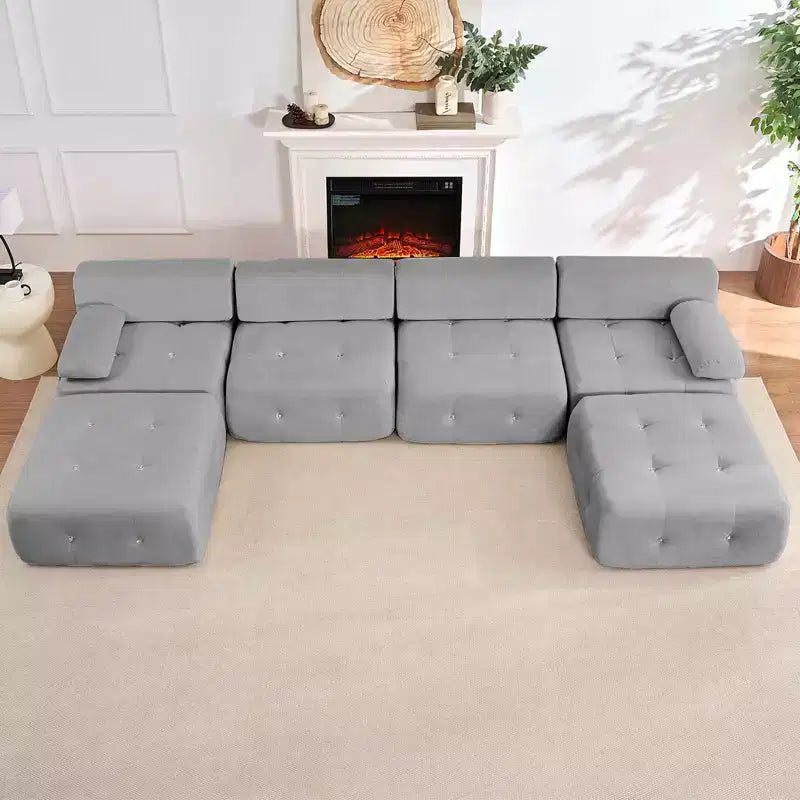 U-Shaped Velvet Modular Sectional Sofa with Ottoman – 4-Seater Convertible