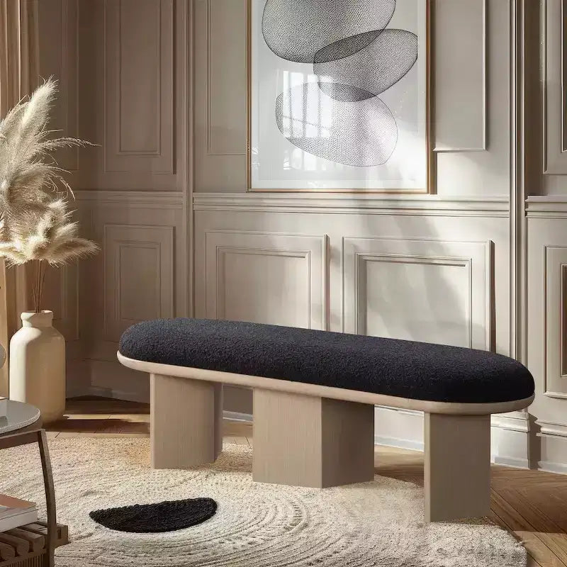57.5" Boucle Fabric Bench – Art Deco Style, Oak Wood Base