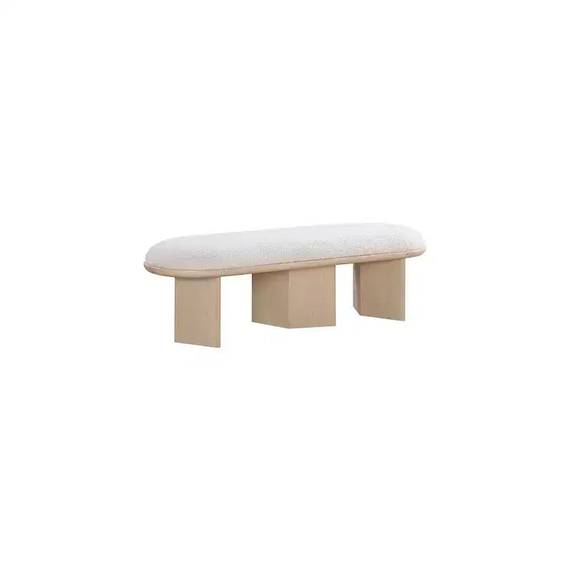 57.5" Boucle Fabric Bench – Art Deco Style, Oak Wood Base