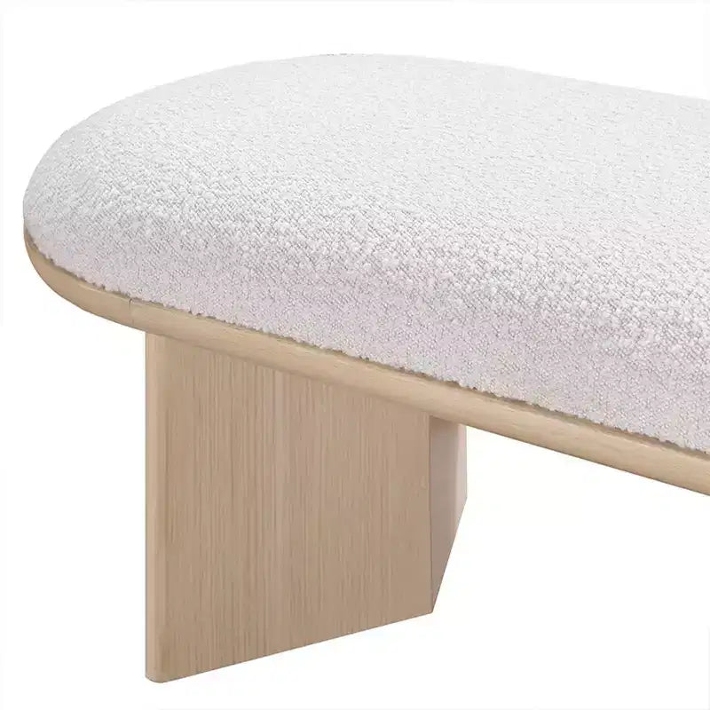 57.5" Boucle Fabric Bench – Art Deco Style, Oak Wood Base