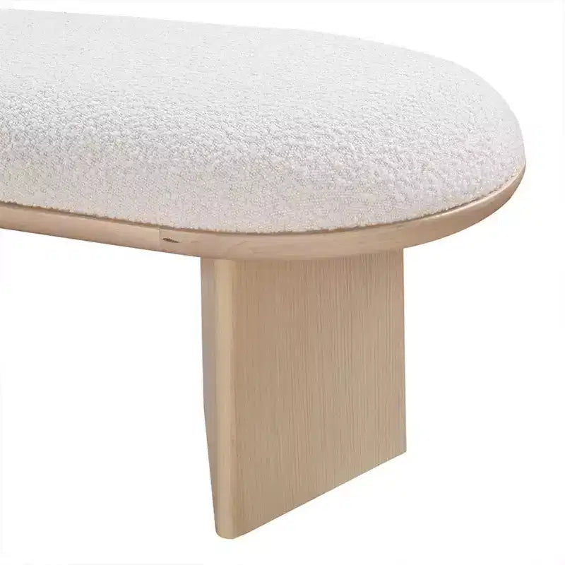 57.5" Boucle Fabric Bench – Art Deco Style, Oak Wood Base
