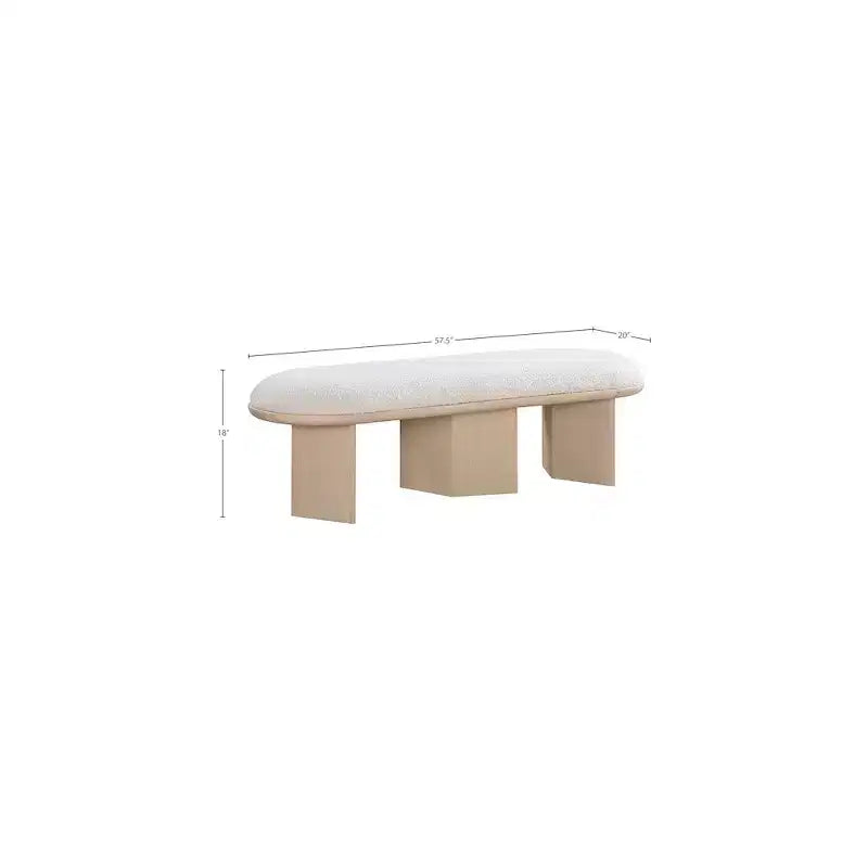 57.5" Boucle Fabric Bench – Art Deco Style, Oak Wood Base