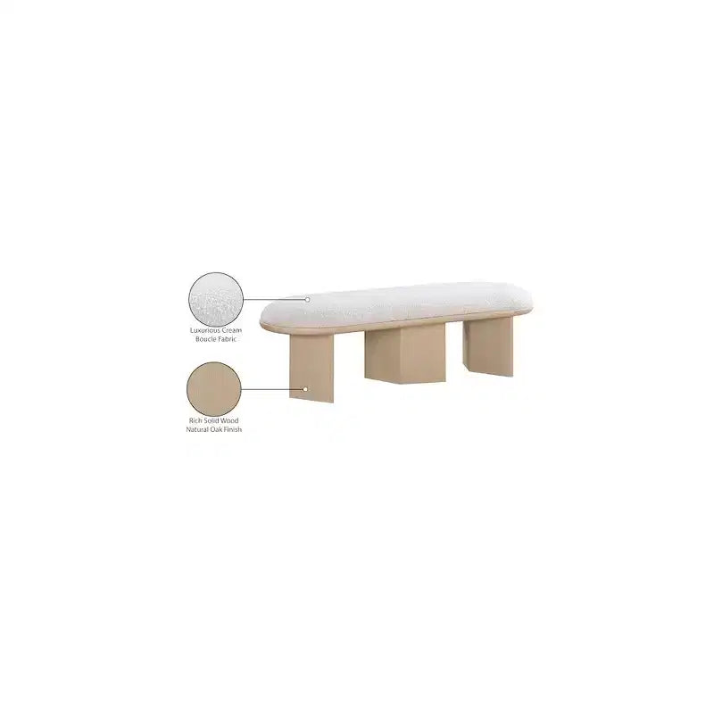 57.5" Boucle Fabric Bench – Art Deco Style, Oak Wood Base