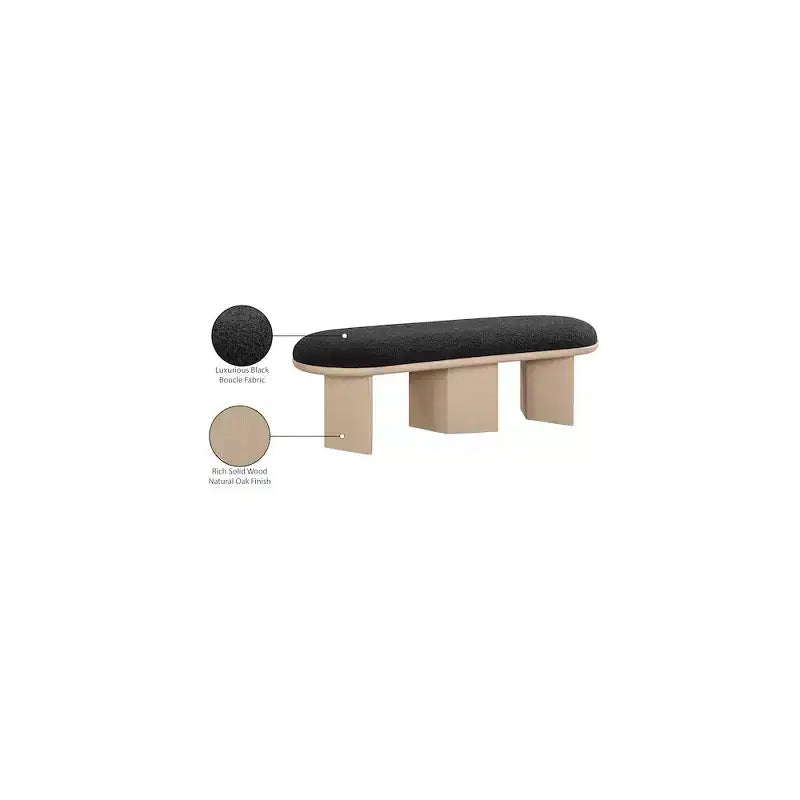 57.5" Boucle Fabric Bench – Art Deco Style, Oak Wood Base
