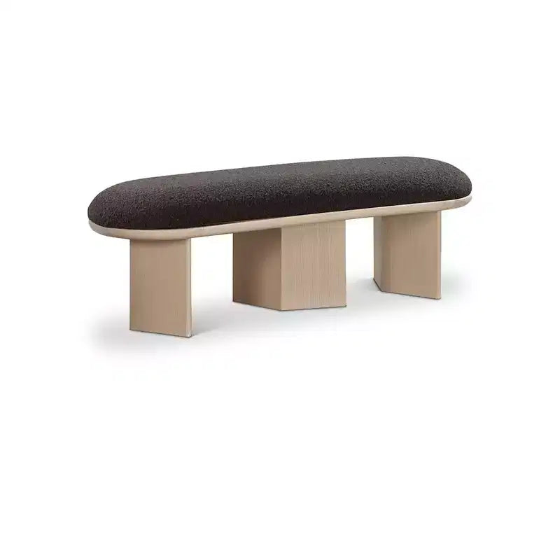 57.5" Boucle Fabric Bench – Art Deco Style, Oak Wood Base