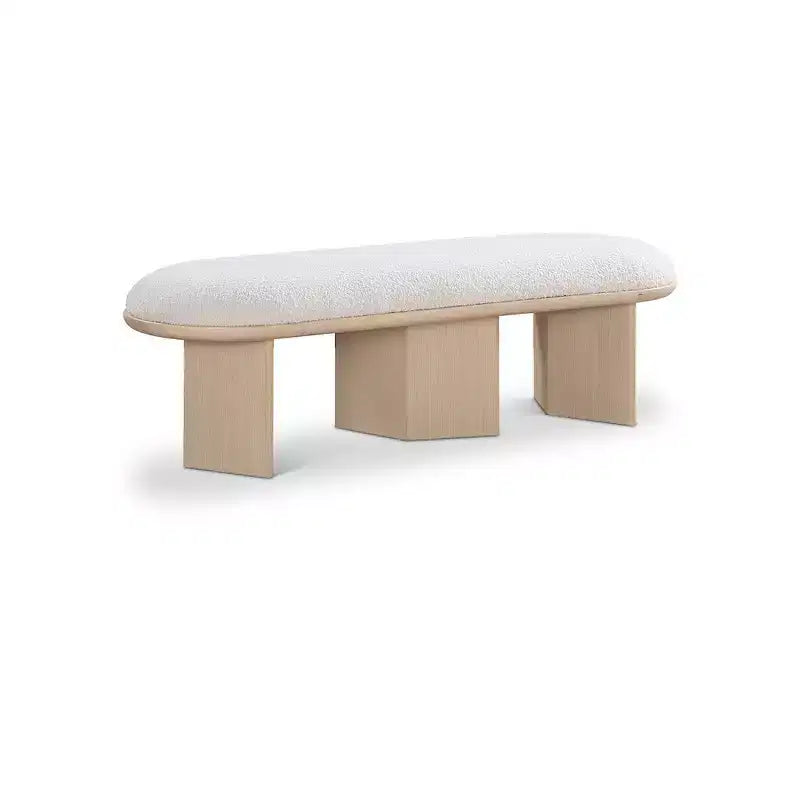 57.5" Boucle Fabric Bench – Art Deco Style, Oak Wood Base