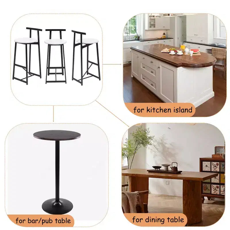 Set of 3 Metal Counter Height Bar Stools with Backrest – Black & White