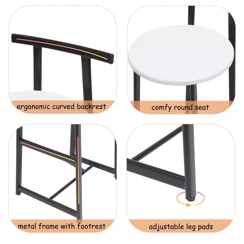 Set of 3 Metal Counter Height Bar Stools with Backrest – Black & White