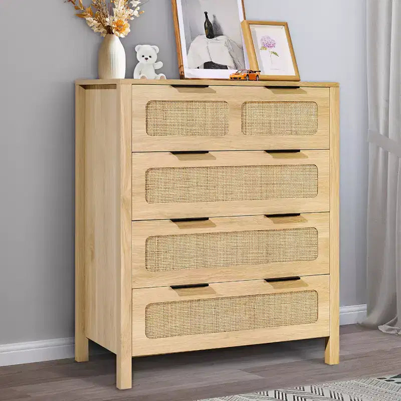 4-Drawer Rattan Boho Dresser – Natural Wood Finish, Chest of Drawers