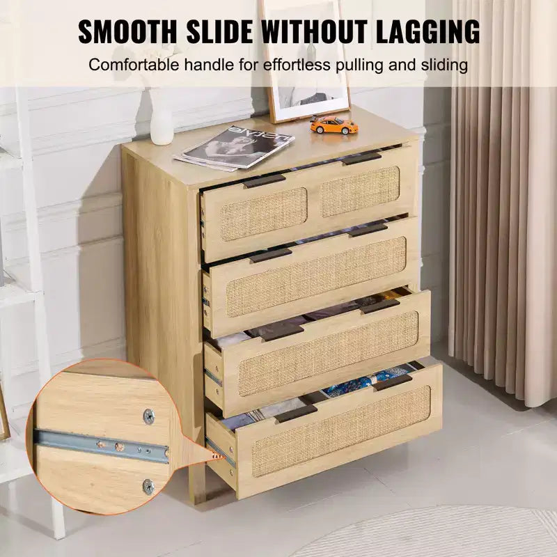 4-Drawer Rattan Boho Dresser – Natural Wood Finish, Chest of Drawers