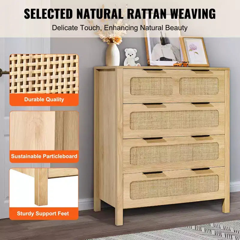 4-Drawer Rattan Boho Dresser – Natural Wood Finish, Chest of Drawers
