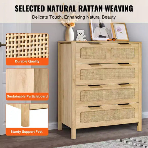 Cassettiera Boho in Rattan a 4 Cassetti – Finitura Legno Naturale, Comò