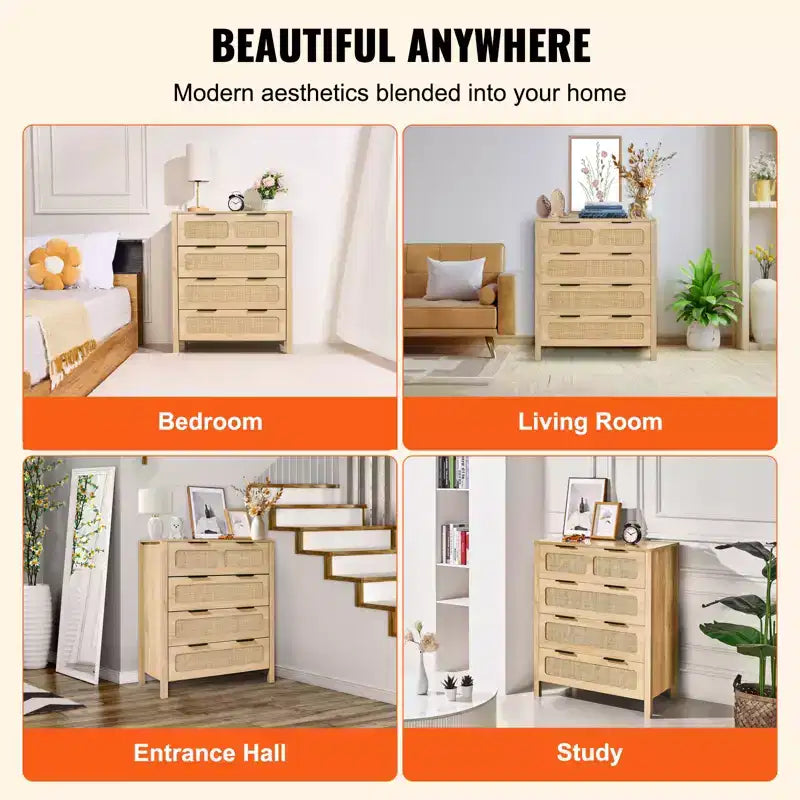4-Drawer Rattan Boho Dresser – Natural Wood Finish, Chest of Drawers