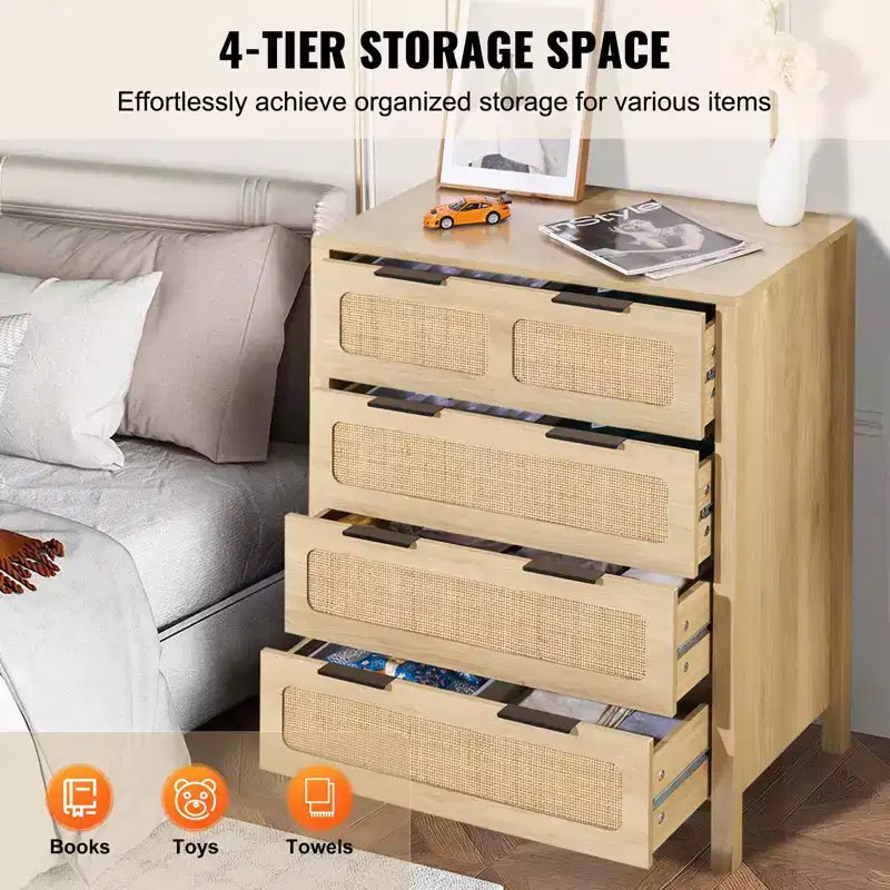4-Drawer Rattan Boho Dresser – Natural Wood Finish, Chest of Drawers
