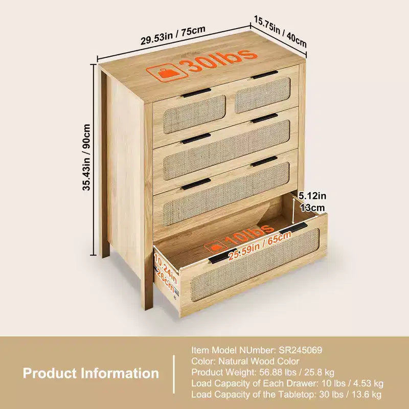 4-Drawer Rattan Boho Dresser – Natural Wood Finish, Chest of Drawers