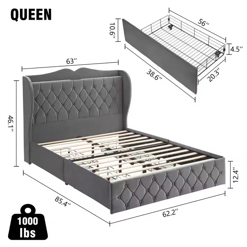 Velvet Platform Bed Frame with 4 Storage Drawers & Charging Station – Tall Headboard