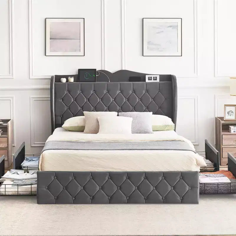 Velvet Platform Bed Frame with 4 Storage Drawers & Charging Station – Tall Headboard