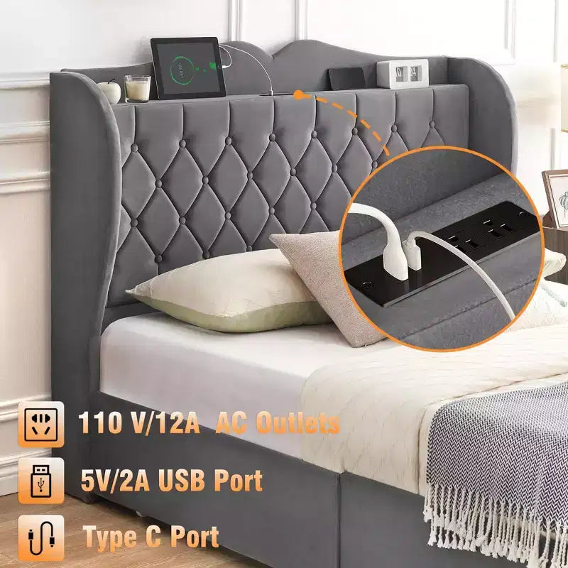 Velvet Platform Bed Frame with 4 Storage Drawers & Charging Station – Tall Headboard