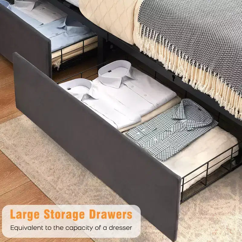 Velvet Platform Bed Frame with 4 Storage Drawers & Charging Station – Tall Headboard