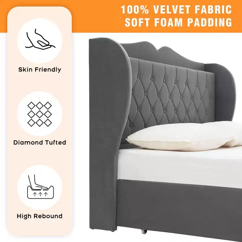 Velvet Platform Bed Frame with 4 Storage Drawers & Charging Station – Tall Headboard