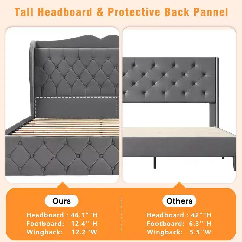 Velvet Platform Bed Frame with 4 Storage Drawers & Charging Station – Tall Headboard