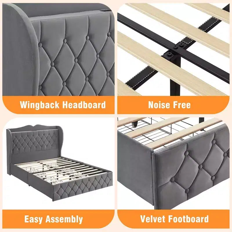 Velvet Platform Bed Frame with 4 Storage Drawers & Charging Station – Tall Headboard