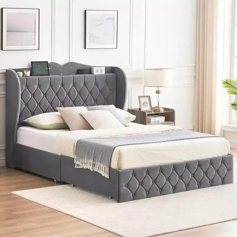 Velvet Platform Bed Frame with 4 Storage Drawers & Charging Station – Tall Headboard