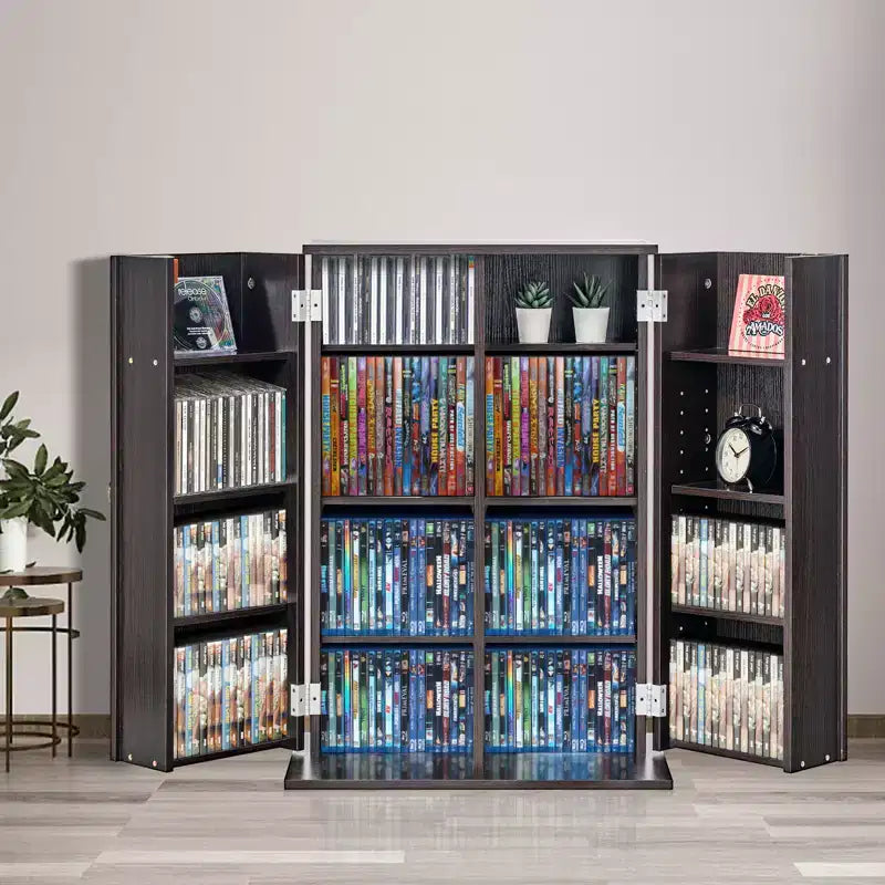 Media Storage Cabinet with Doors & Adjustable Shelves – Holds 576 CDs/DVDs, Brown