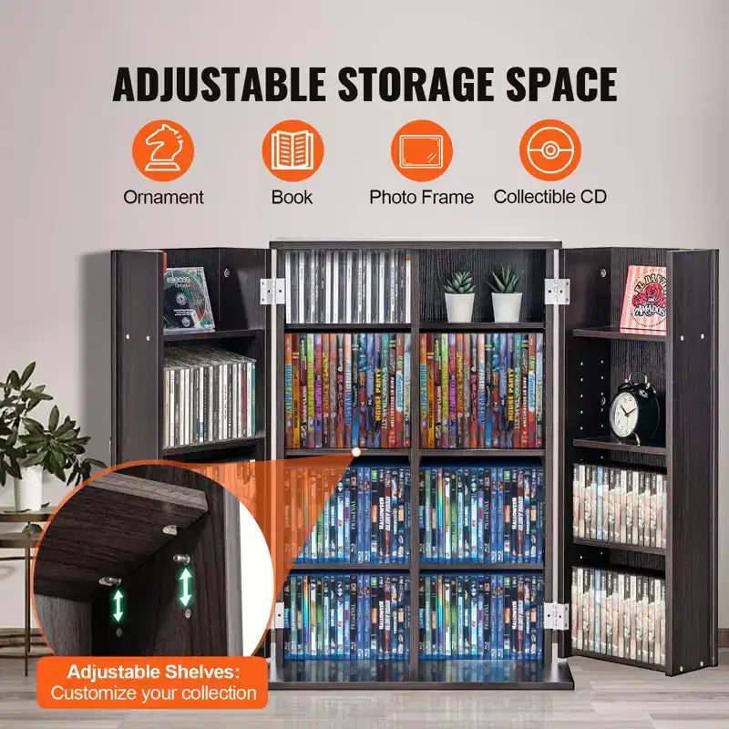Media Storage Cabinet with Doors & Adjustable Shelves – Holds 576 CDs/DVDs, Brown