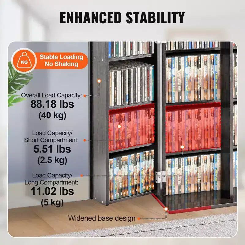Media Storage Cabinet with Doors & Adjustable Shelves – Holds 576 CDs/DVDs, Brown