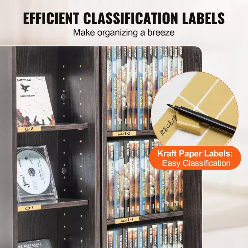 Media Storage Cabinet with Doors & Adjustable Shelves – Holds 576 CDs/DVDs, Brown