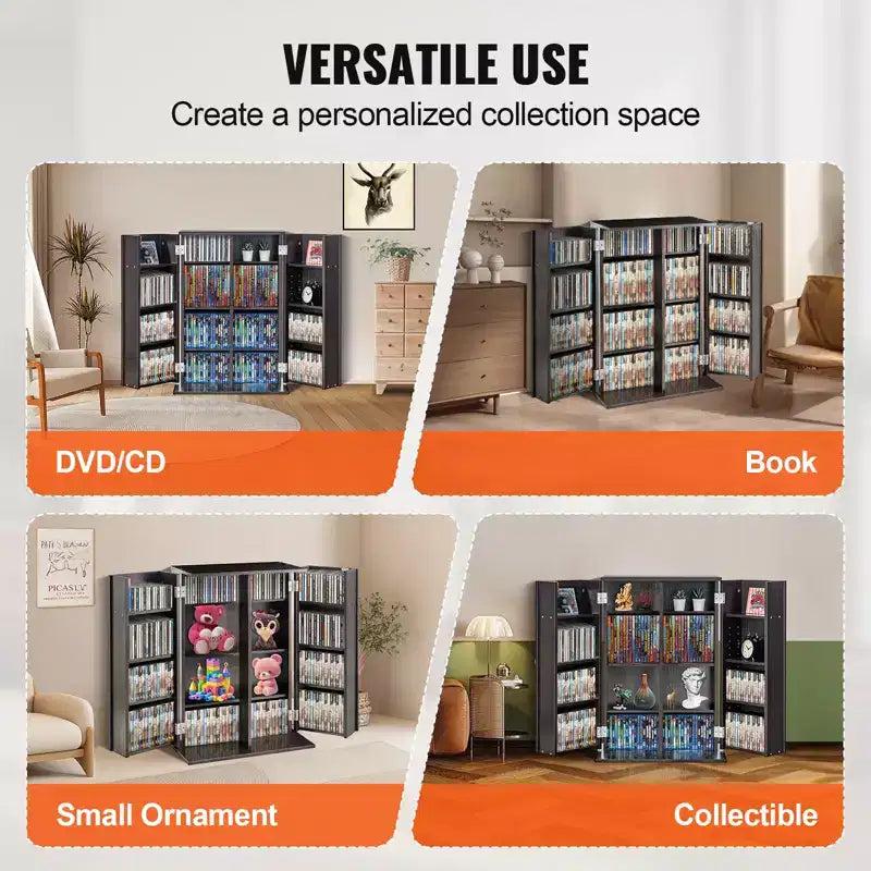Media Storage Cabinet with Doors & Adjustable Shelves – Holds 576 CDs/DVDs, Brown
