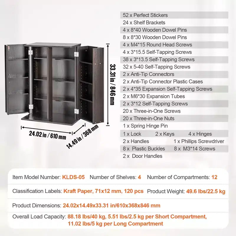 Media Storage Cabinet with Doors & Adjustable Shelves – Holds 576 CDs/DVDs, Brown