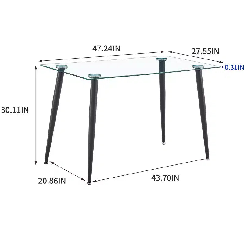 Tavolo da pranzo Okak per piccoli spazi, tavolo da pranzo rettangolare contemporaneo in vetro temperato con gambe in metallo per 4 persone