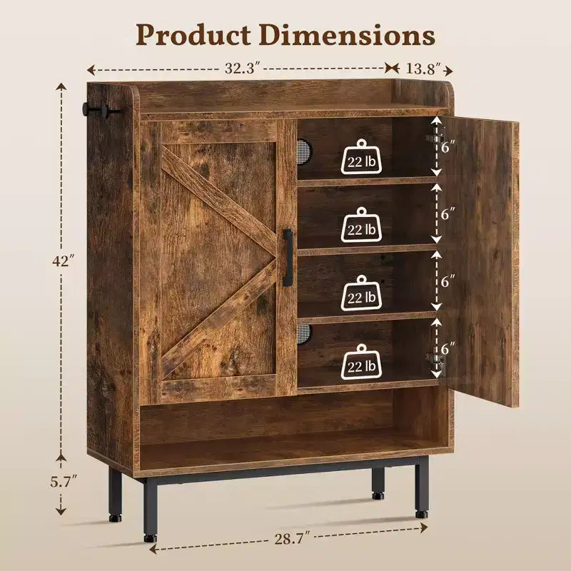 5-Tier Entryway Shoe Cabinet with Barn-Style Doors – Holds 15 Pairs, Rustic
